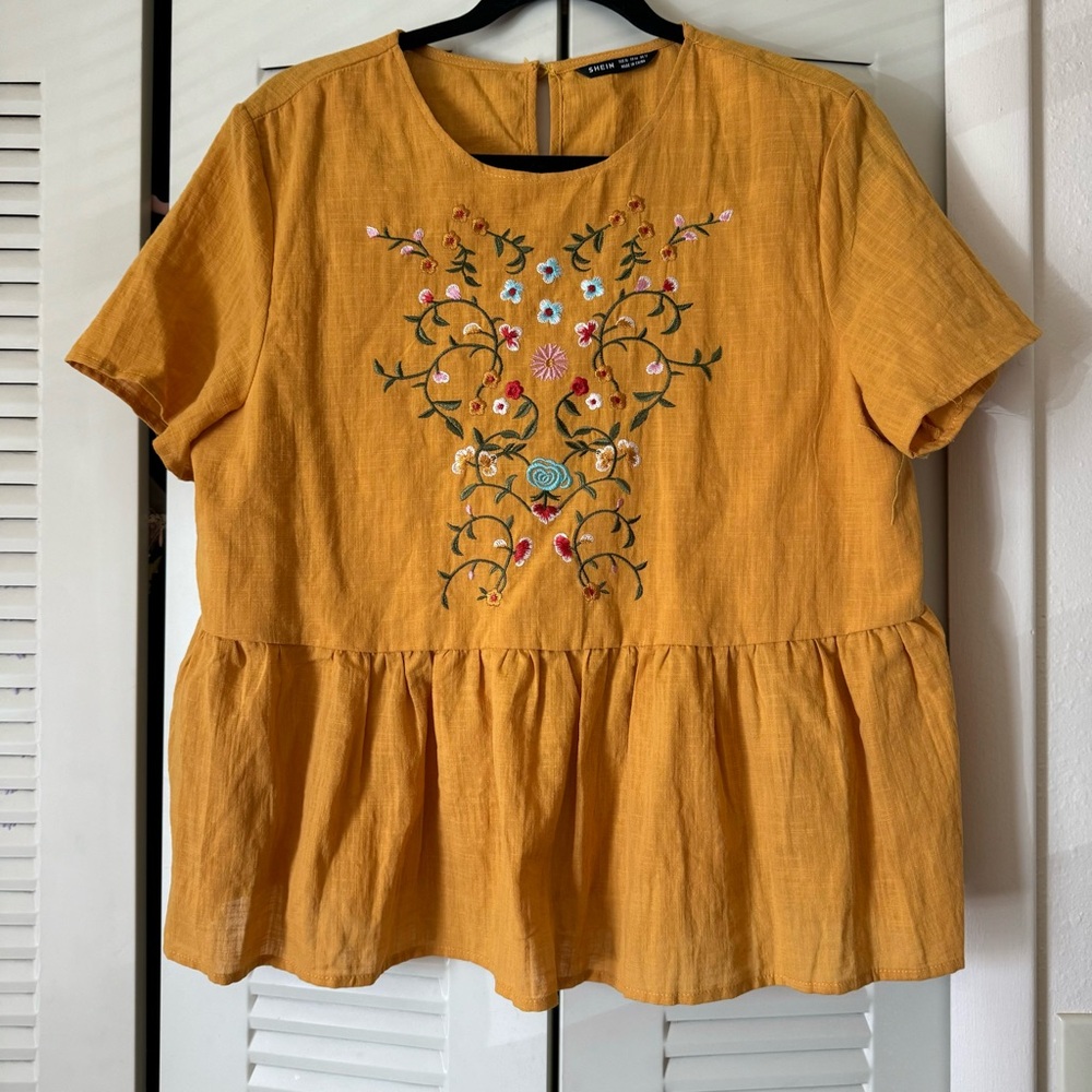 NWOT Mustard Yellow Peplum Top with Floral Embroidery